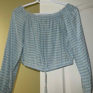 Wilfred Light Blue Checkered Off-Shoulder Blouse